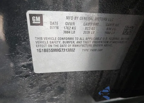 2016 Chevrolet Cruze Lt Auto из США, поврежденный, VIN 1G1BE5SM8G7313802